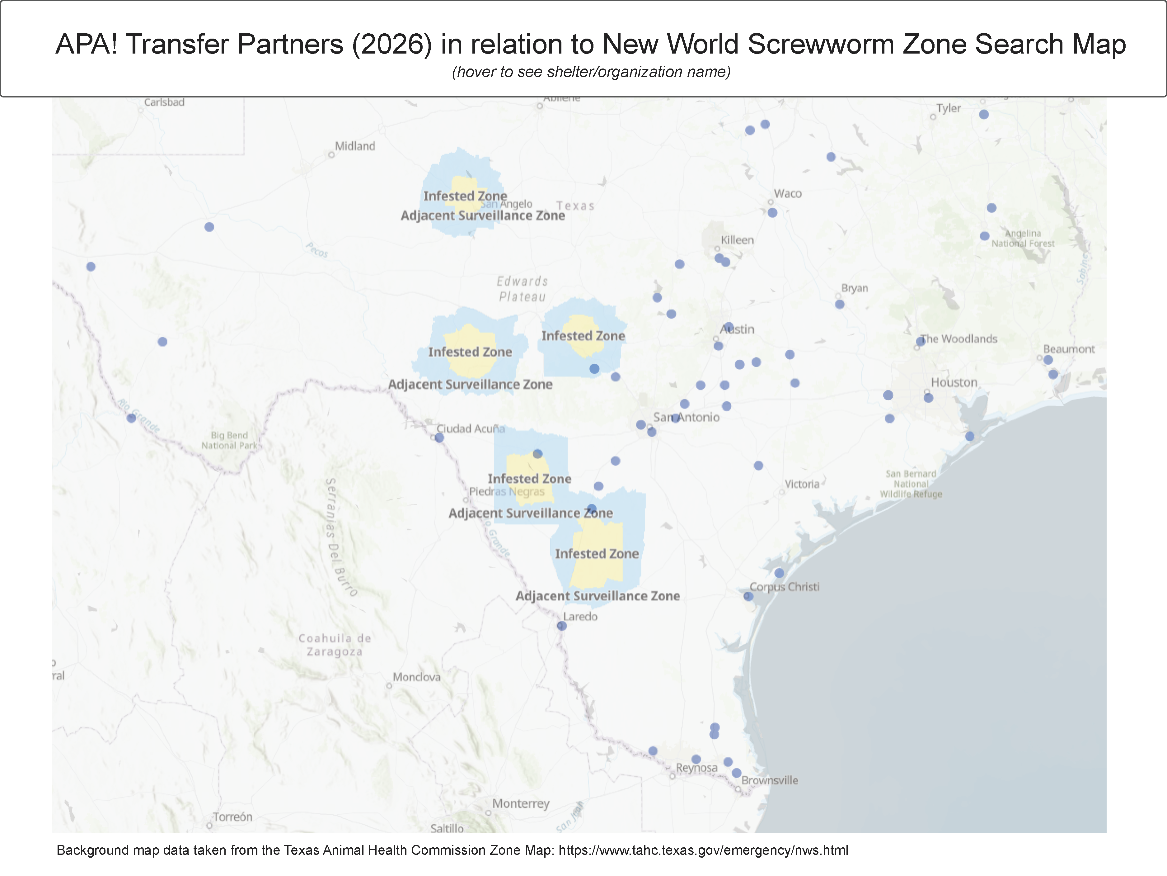 APA Transfer Partners 2026 in relation to New World Screwworm Zone Search Map - IMPORTANT UPDATE FROM DR. ELLEN JEFFERSON: Protecting Texas Pets from the New World Screwworm