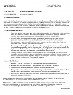 Development Database Coordinator Job Description